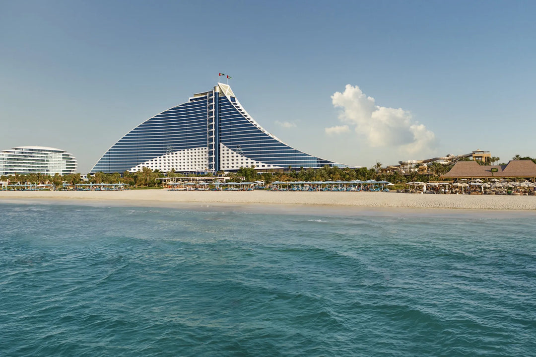 Hotel in Dubai with backdrop of ocean and beach
