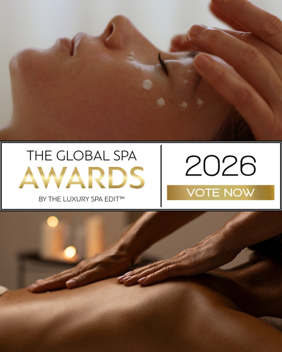 Banner with The Global Spa Awards featuring a woman getting a facial treatment