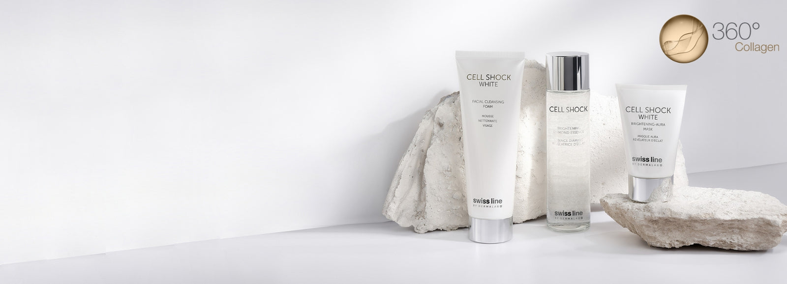 Bathing the skin in a halo of light, Cell Shock White products provide an unparalleled radiance. Peptides, stabilized vitamin C, arbutin and glutathione, as well as REAL diamonds.