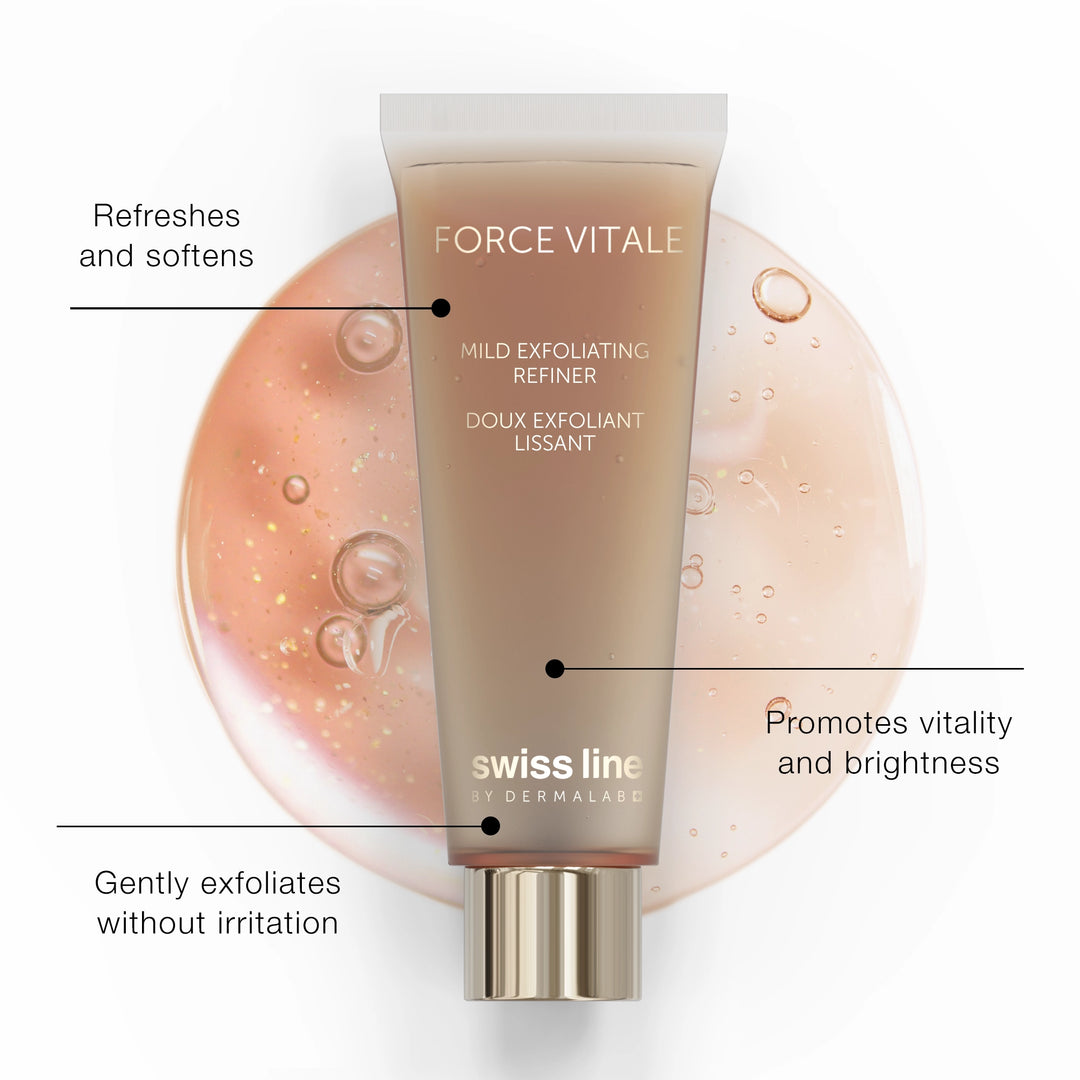 Swissline Force Vitale skincare product with text highlighting its benefits on a white background