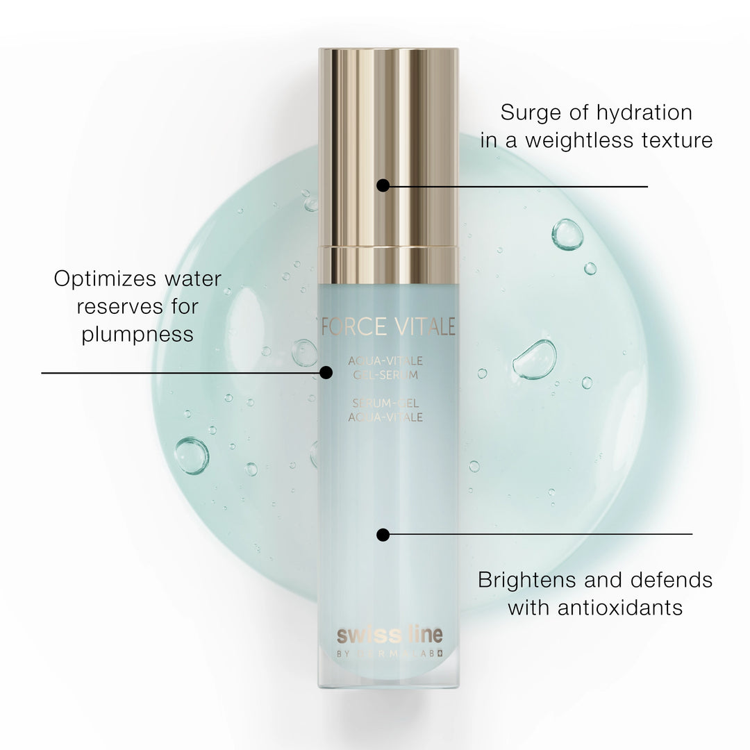 Skincare bottle with text highlighting its benefits on a white background