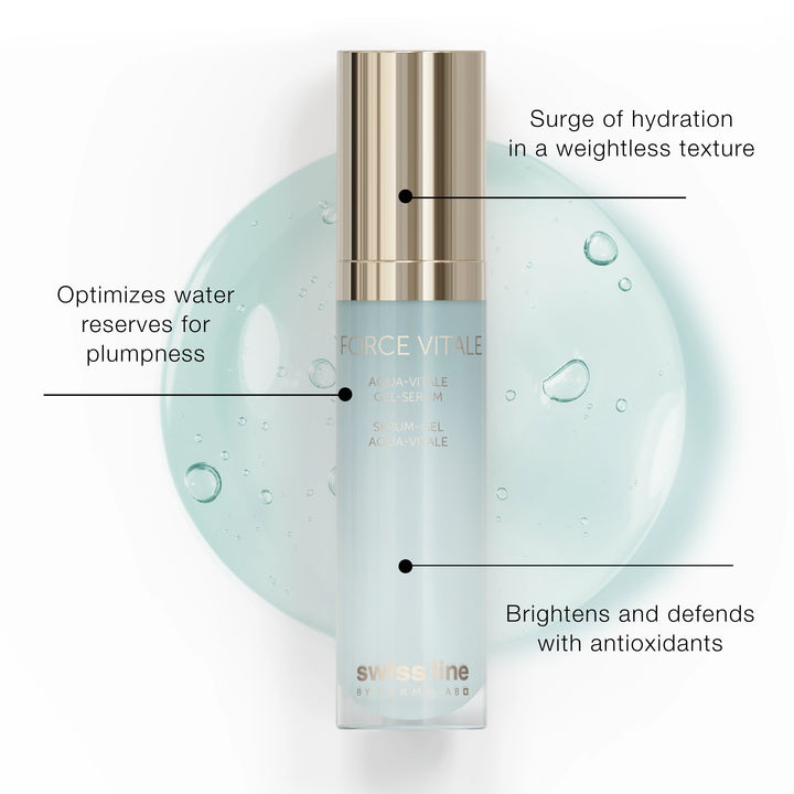 Skincare bottle with text highlighting its benefits on a white background