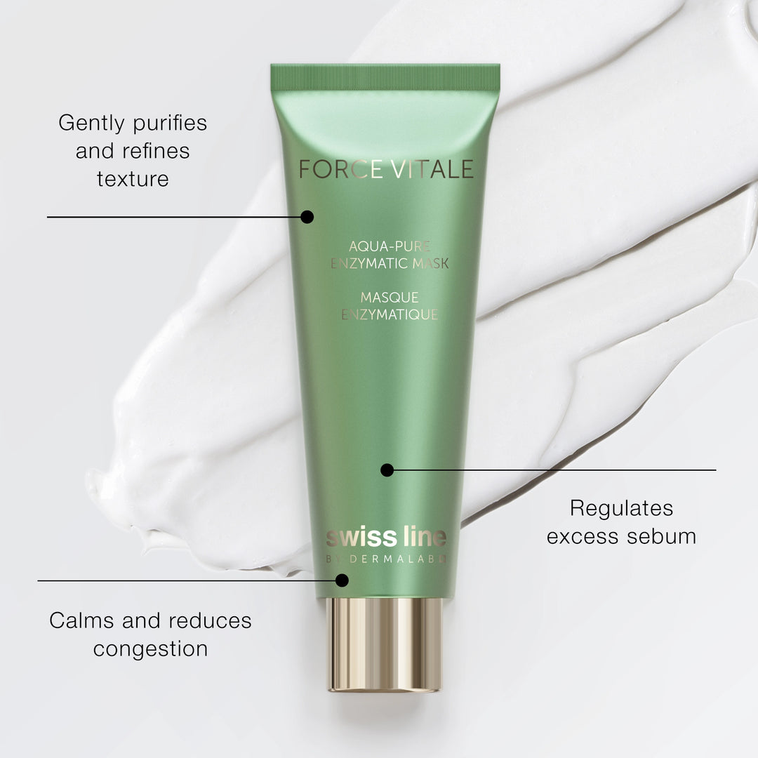 Green skincare product with text on a white background
