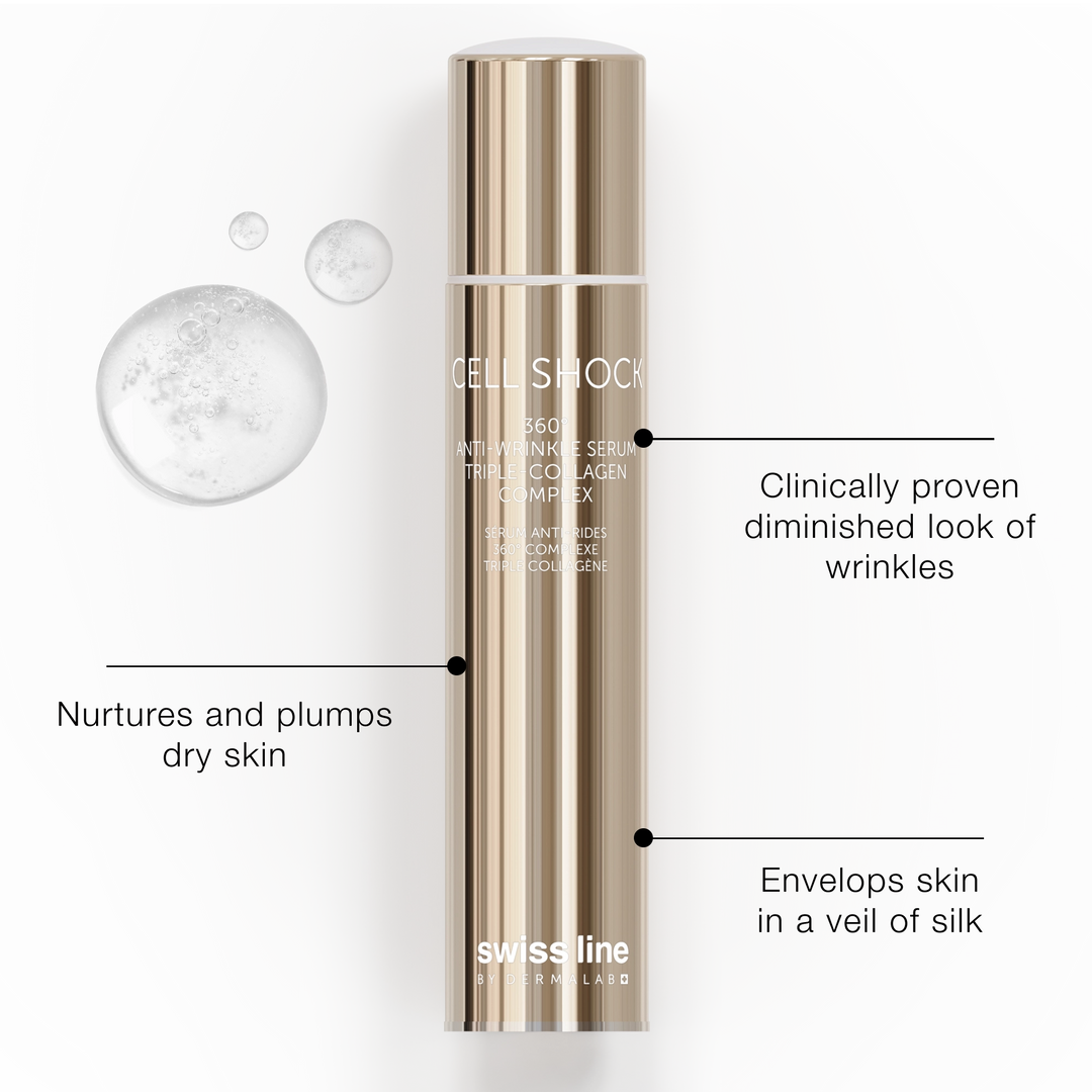 Skincare serum bottle with text highlighting its benefits on a white background