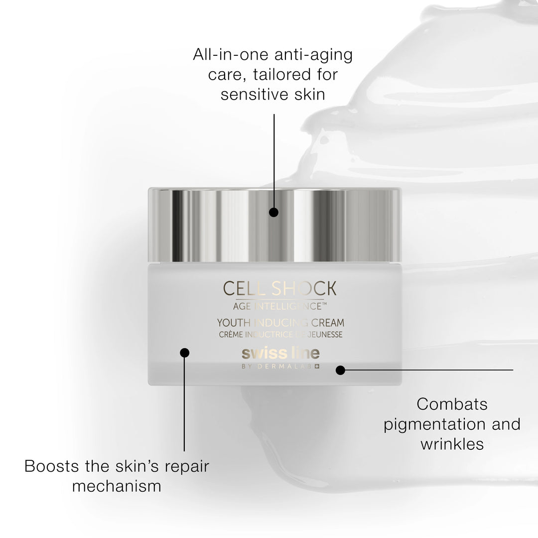 Cream jar with text highlighting its benefits for sensitive skin