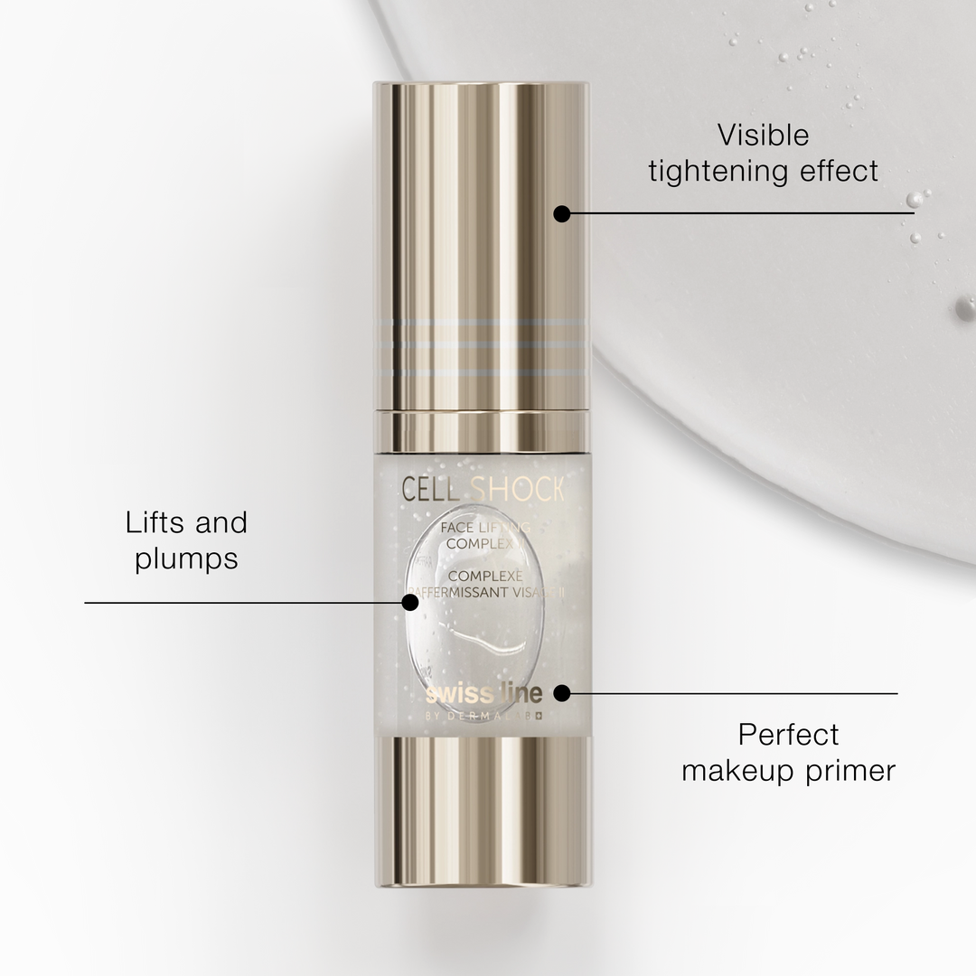 Swissline Cell Shock Face Lifting Complex product with text highlighting features on a white background