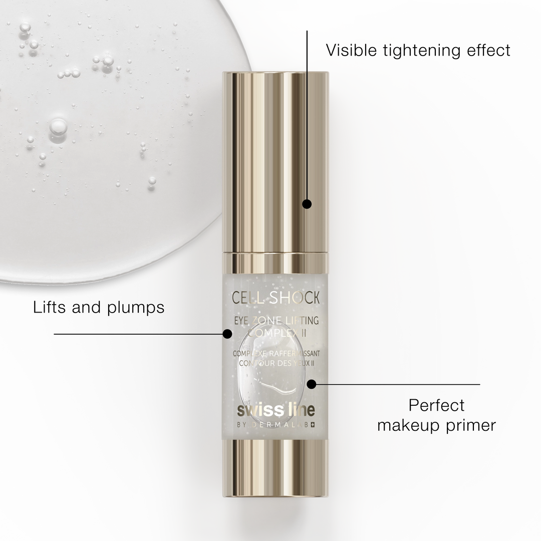 Swissline eye serum bottle with text highlighting features on a white background
