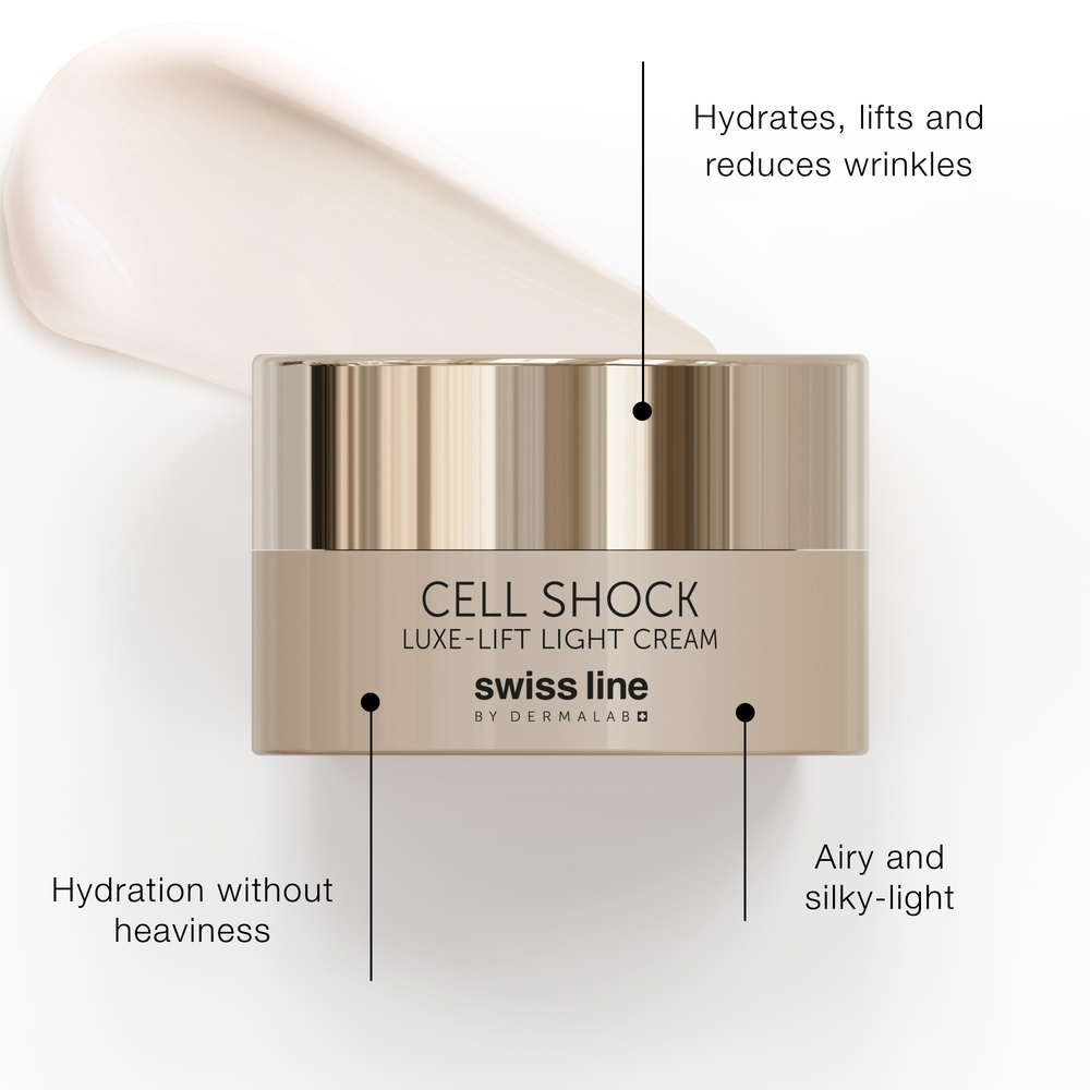 Swissline Cell Shock Luxe-Lift Light Cream jar with product features on a white background