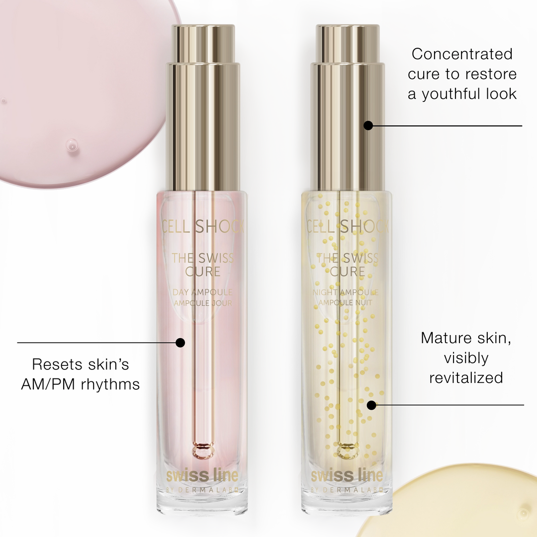 Two skincare ampoules with text describing their benefits on a white background
