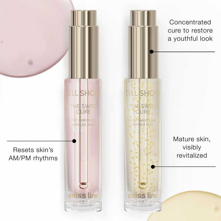 Two skincare ampoules with text describing their benefits on a white background