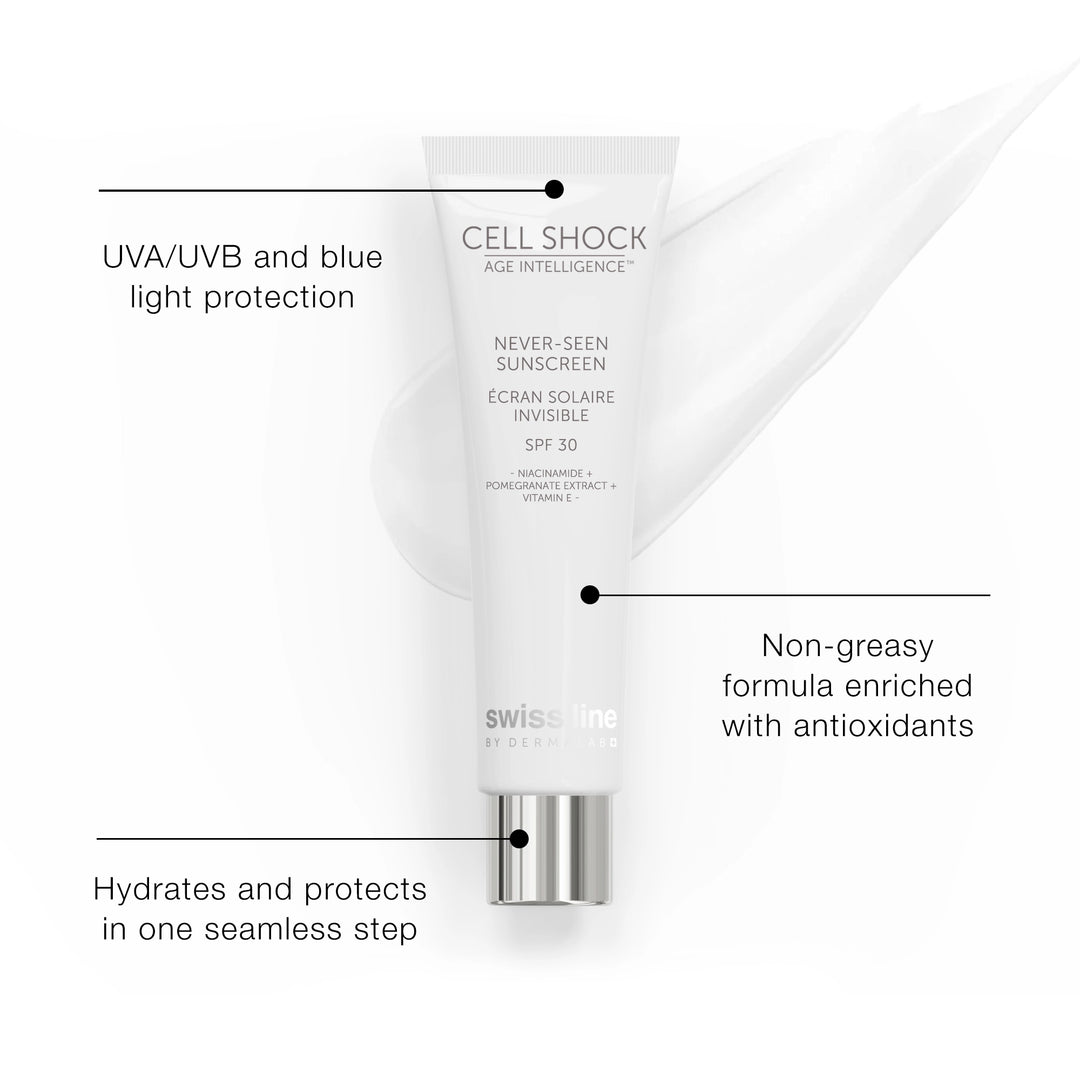 Sunscreen bottle with text highlighting features on a white background