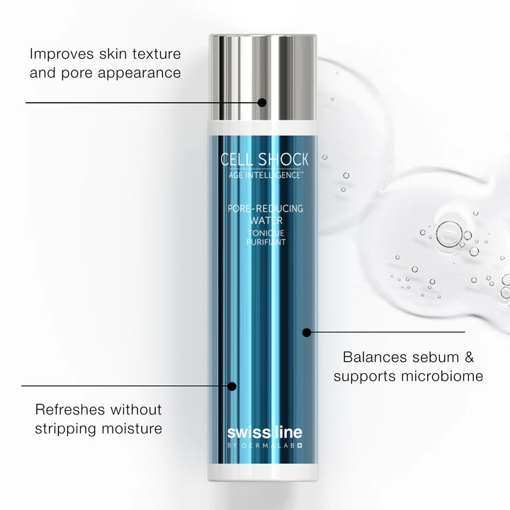 Skincare bottle with text highlighting its benefits on a white background