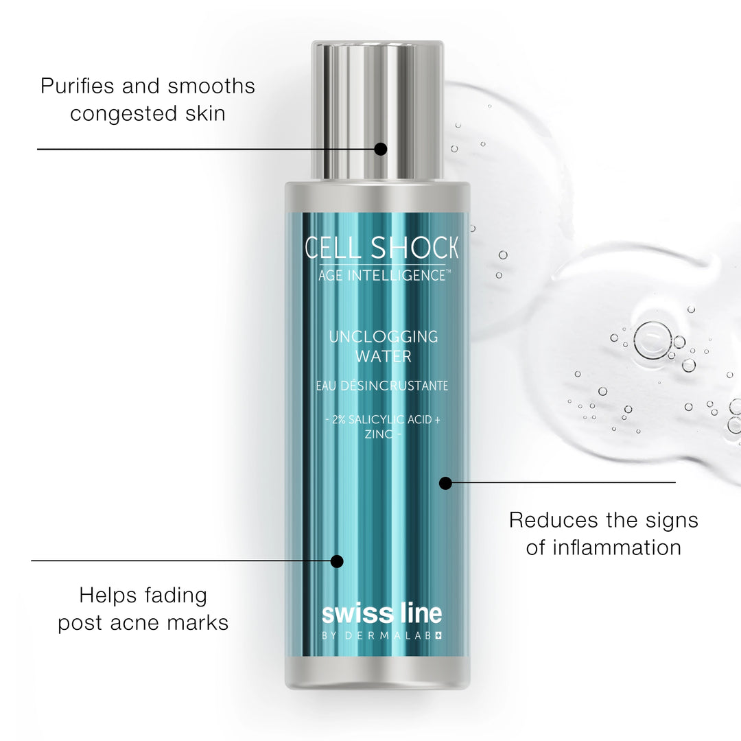 Swiss Line skincare product with text highlighting its benefits on a white background