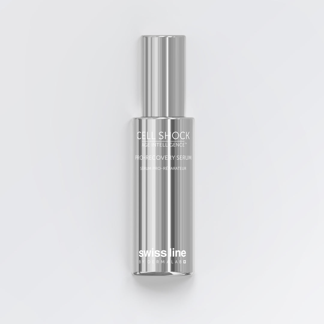 Silver bottle with "Swissline Cell Shock Age Intelligence Pro-Recovery Serum" written on it
