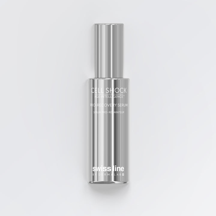 Silver bottle with "Swissline Cell Shock Age Intelligence Pro-Recovery Serum" written on it