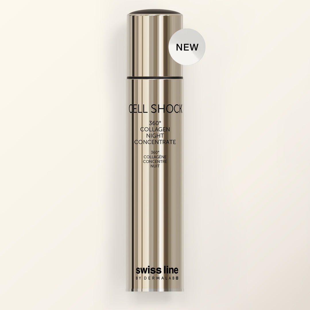 Skincare bottle labeled 'Cell Shock' by Swiss Line on a light beige background