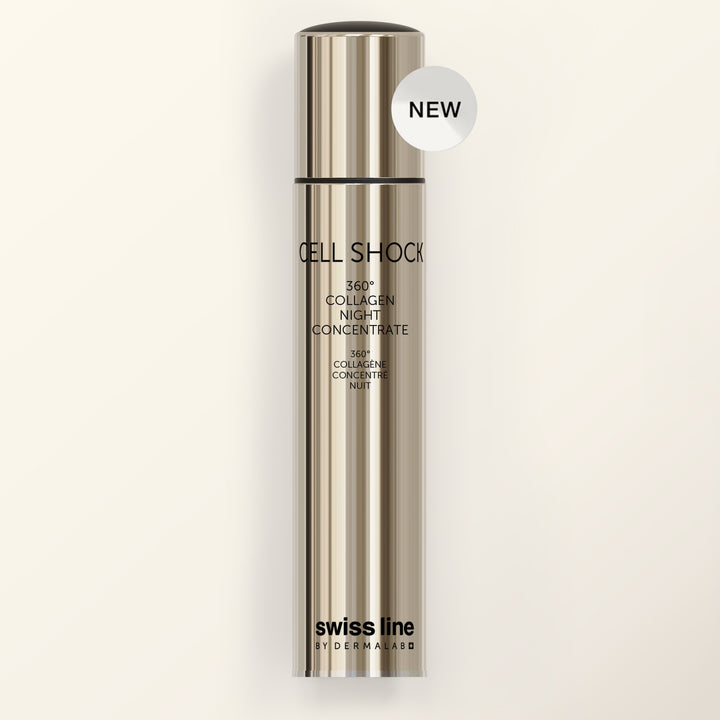 Skincare bottle labeled 'Cell Shock' by Swiss Line on a light beige background