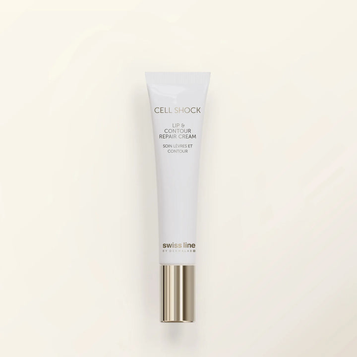 Tube of Swiss Line Cell Shock Lip and Cheek Repair Cream on a light beige background