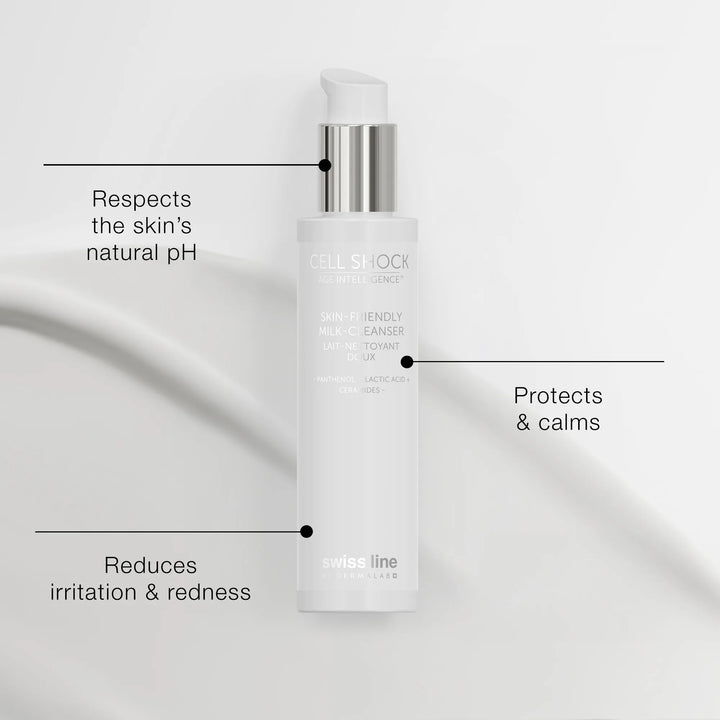 Skincare bottle with text highlighting its benefits on a gray background