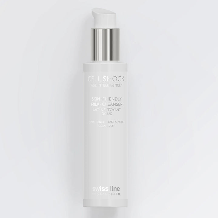 Skincare bottle labeled 'Skin-friendly Milk Cleanser' on a white background