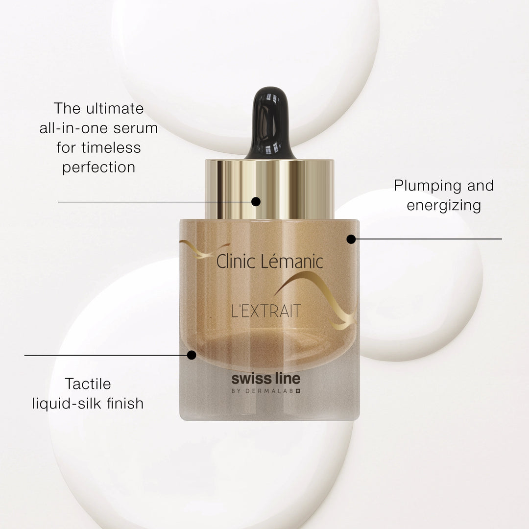 Cosmetic serum bottle with dropper labeled 'Clinic Lémamic' on a white background