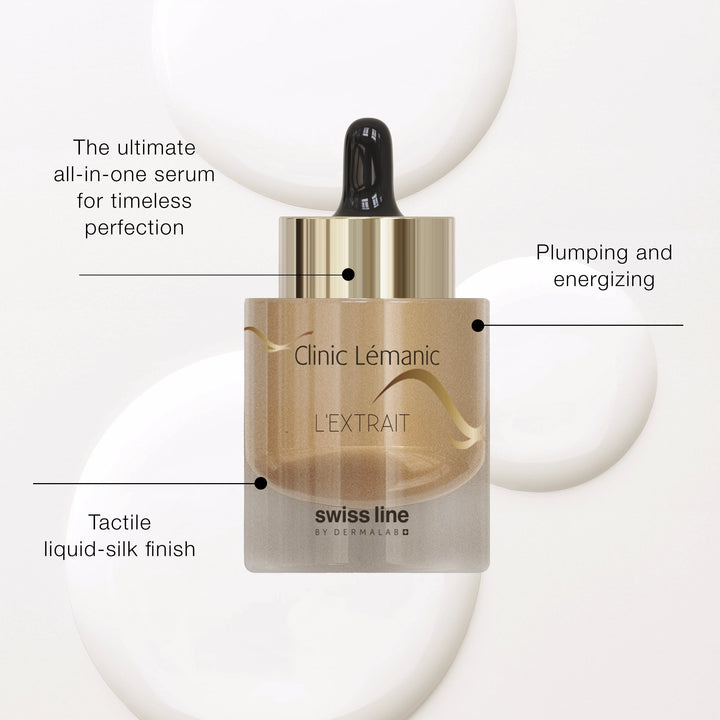 Cosmetic serum bottle with dropper labeled 'Clinic Lémamic' on a white background