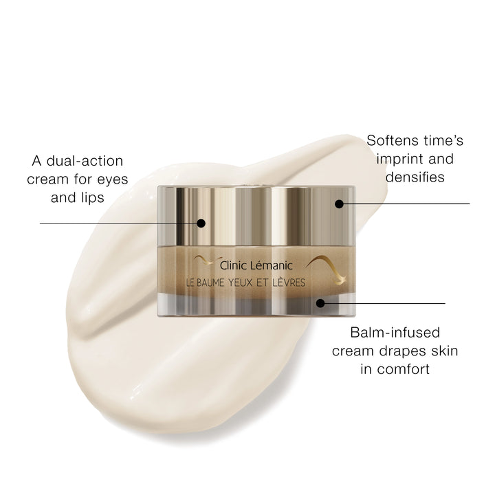 Cosmetic cream jar with text describing its features on a white background