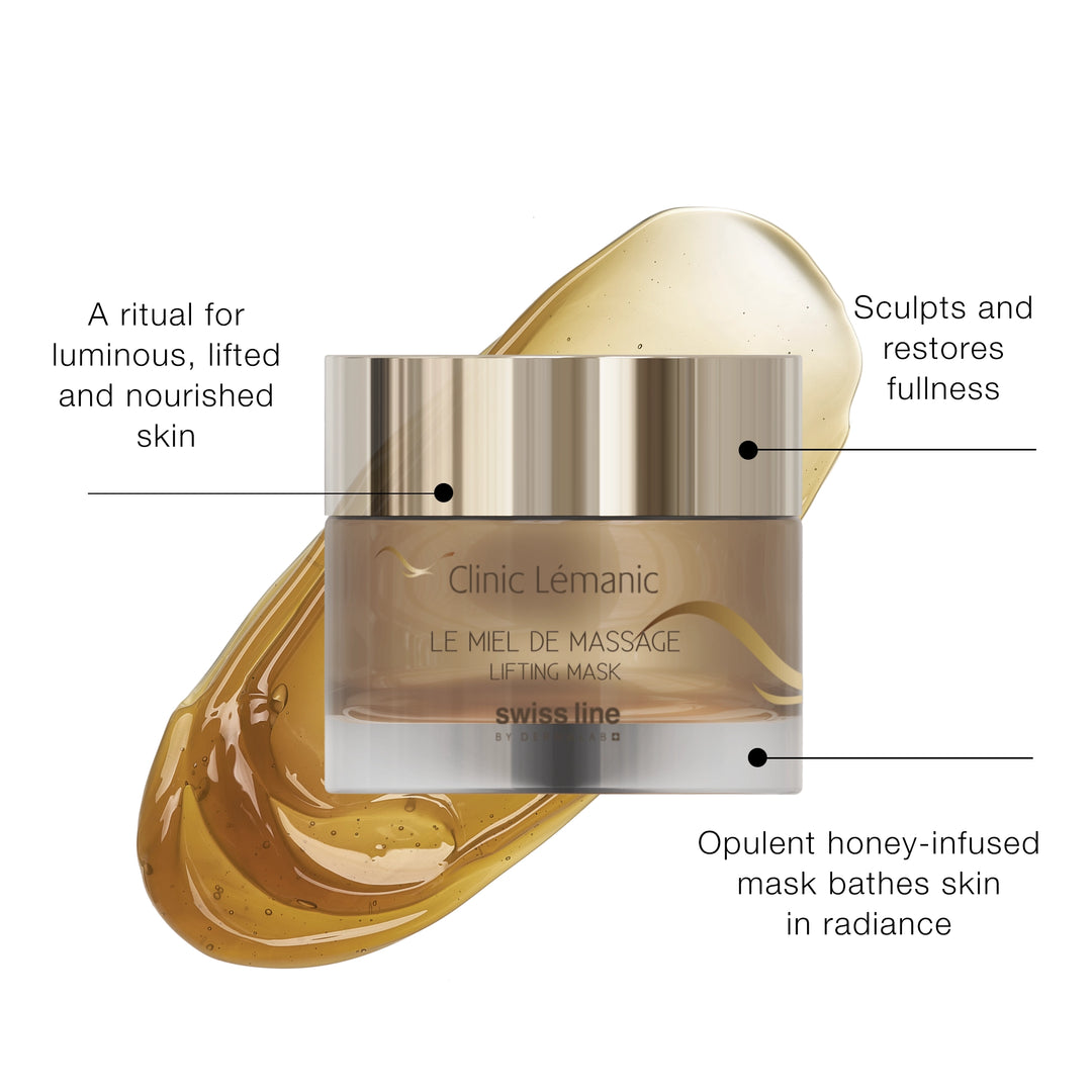 Clinic Lémanic skincare product with gold and silver design on a white background