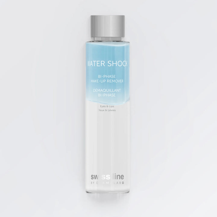 Swissline bottle called Water Shock Bi-Phase Makeup Remover against a white background.