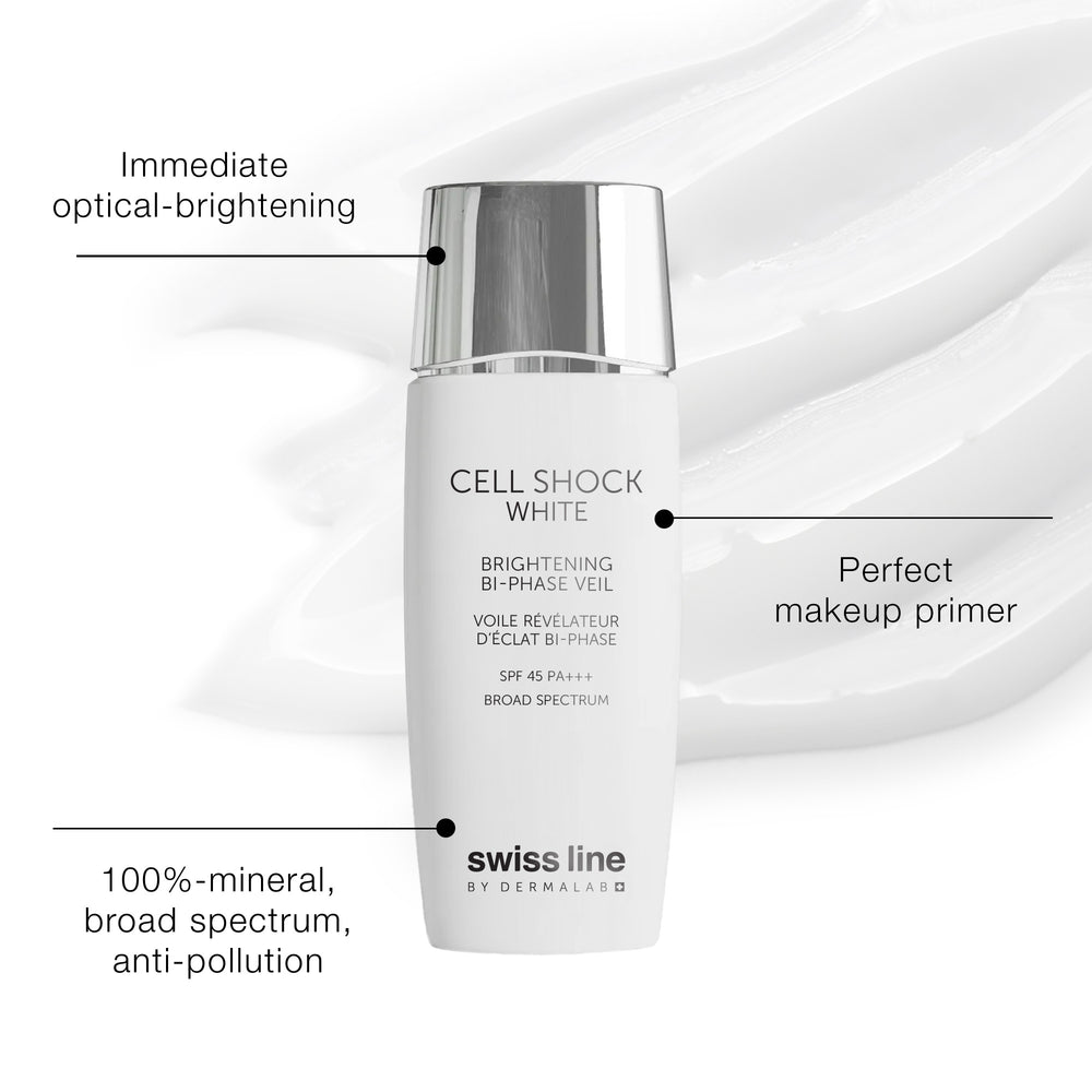 Swiss Line Cell Shock White Brightening Bi-Phase Veil makeup primer bottle, shown with  callouts on a white background with a cream texture.