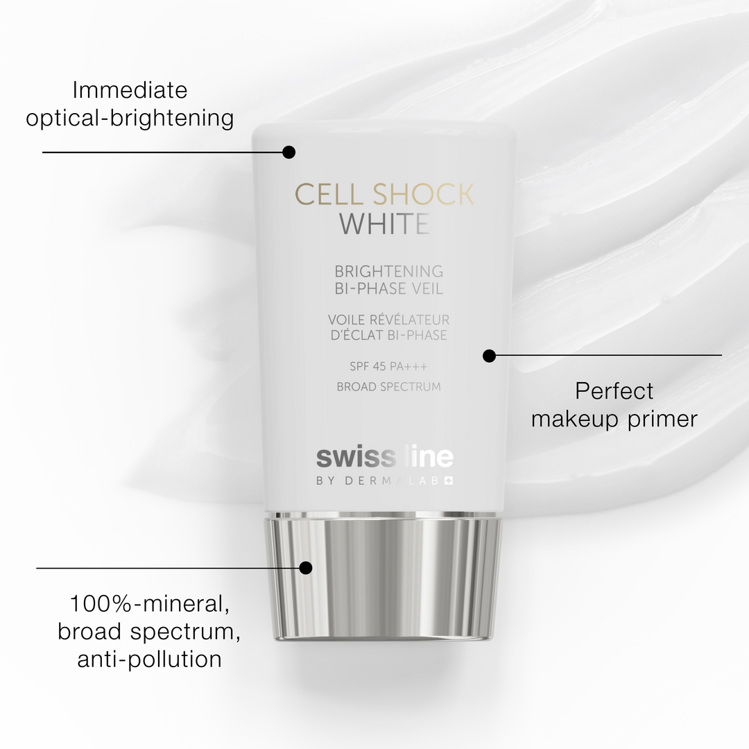 Swissline Cell Shock White skincare product with features highlighted on a white background