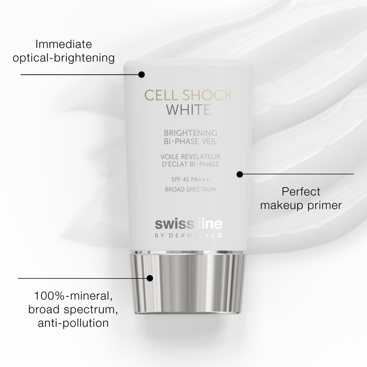 Swissline Cell Shock White skincare product with features highlighted on a white background