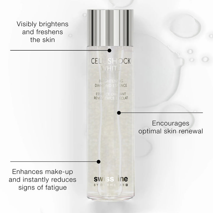 Skincare bottle with text highlighting its benefits on a light background