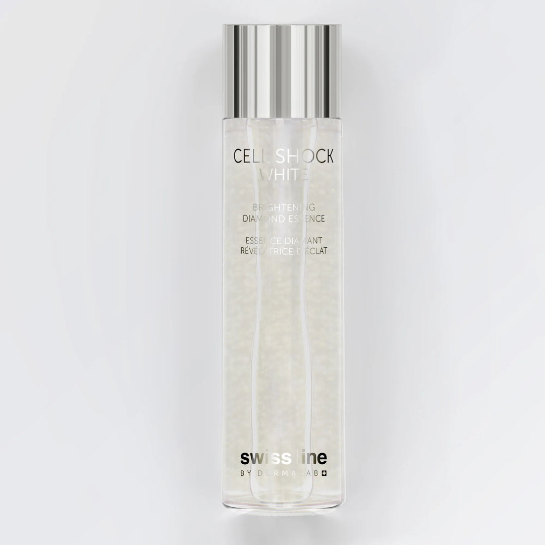 Skincare bottle labeled 'Cell Shock White' by Swiss Line on a white background