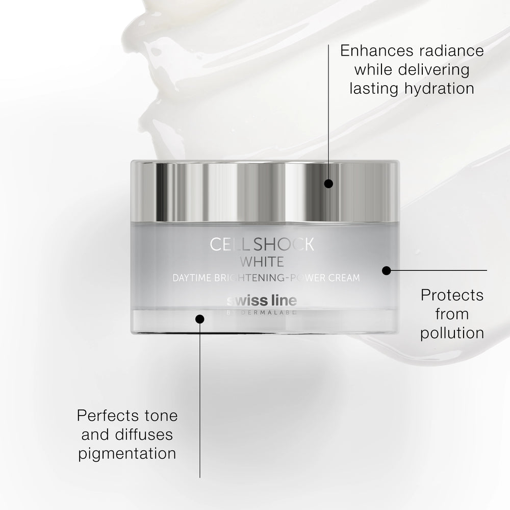 Swiss Line Cell Shock White cream jar with text highlighting benefits on a white background