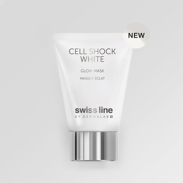 A white squeeze tube of Swiss Line Cell Shock White Glow Mask by Dermalab, featuring a metallic silver cap, set against a light gray background with a 'NEW' badge in the top right corner.