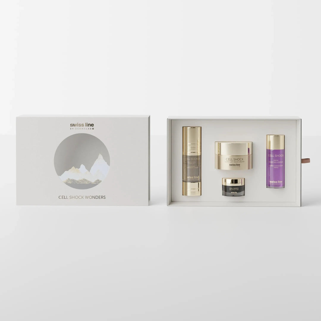 Cosmetic set with skincare products in a branded box on a white background