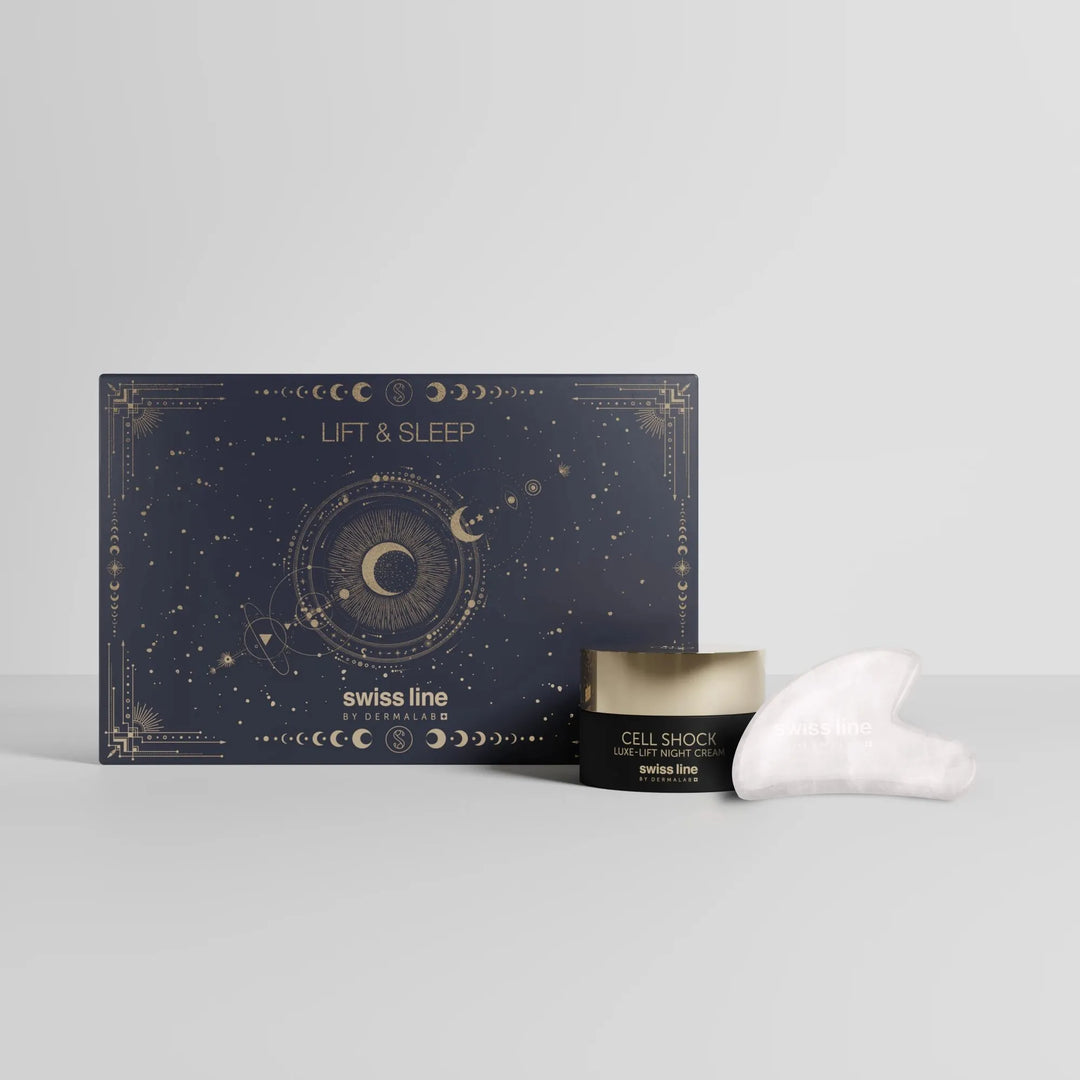 Swiss Line skincare set with box, jar, and applicator on a light gray background