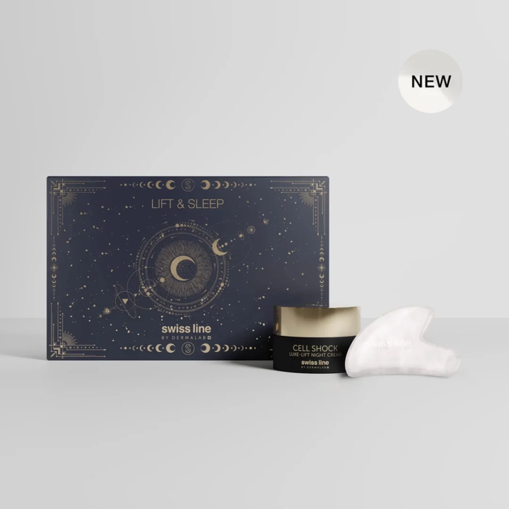 Swiss Line skincare products including a box, jar, and applicator on a light gray background