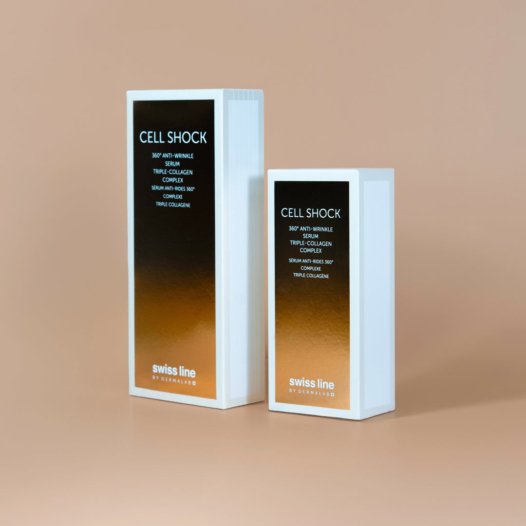 Two boxes of 'Cell Shock' by Swiss Line on a beige background