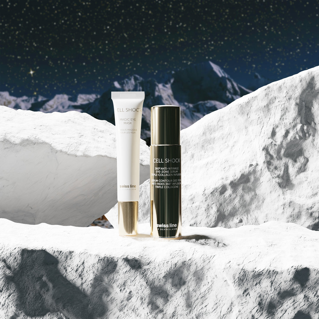 Two jars of swiss line on a snowy mountain background