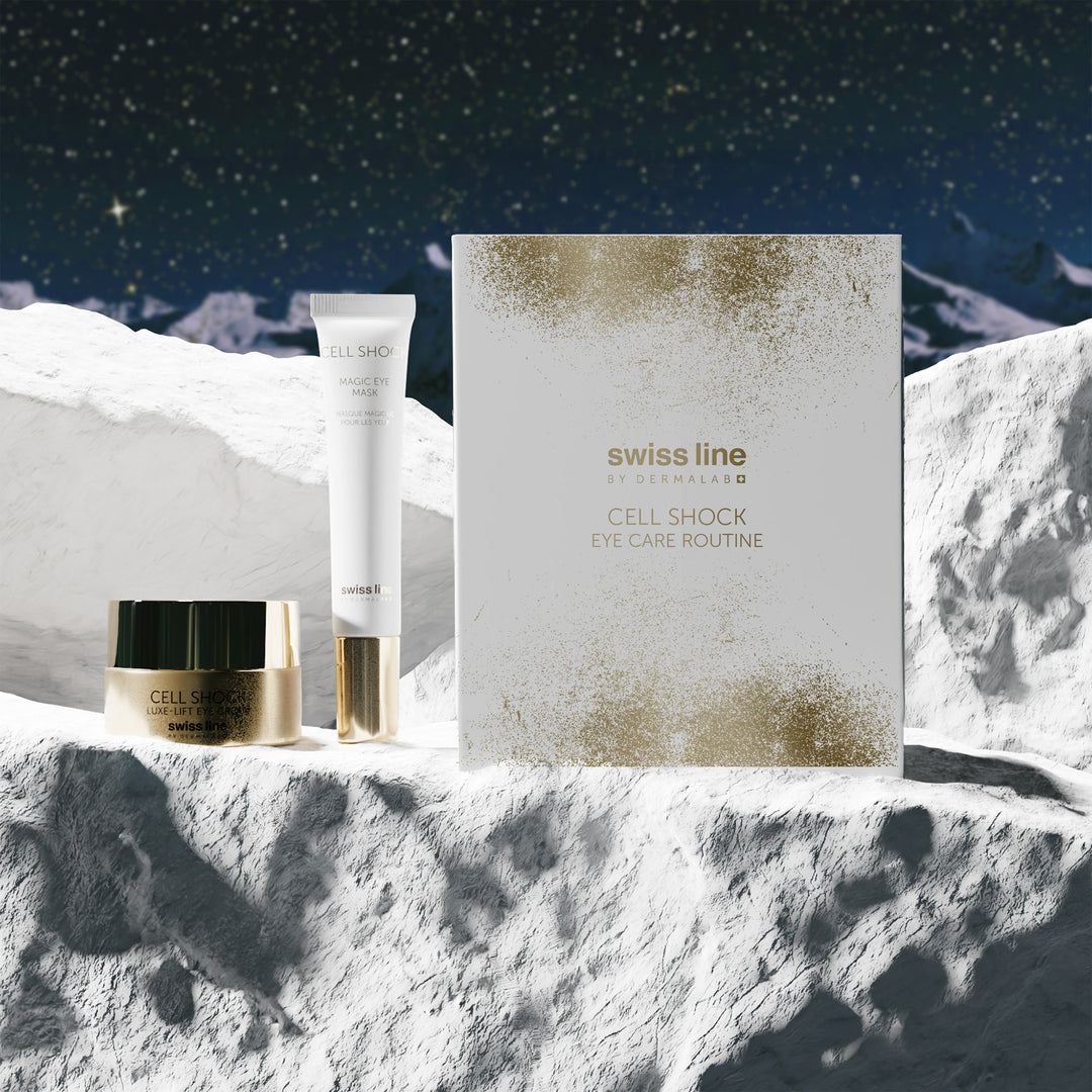 Swiss Line eye care products on a snowy mountain background