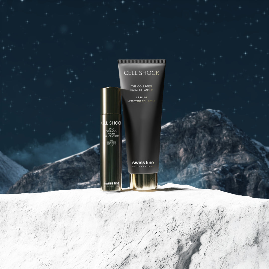 Two skincare products with 'swiss line' branding against a mountainous night sky background.