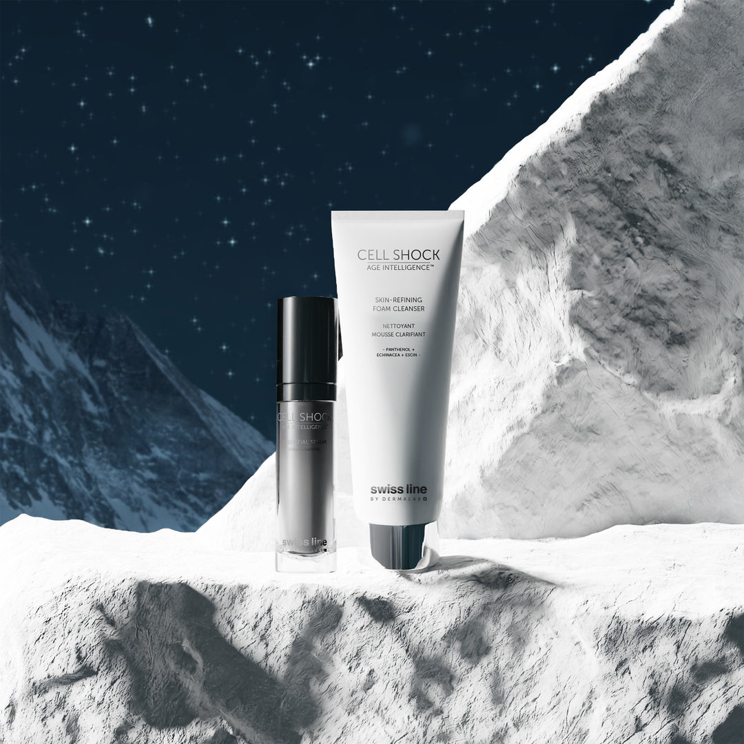 Two skincare products with 'swiss line' branding against a mountainous night sky background.