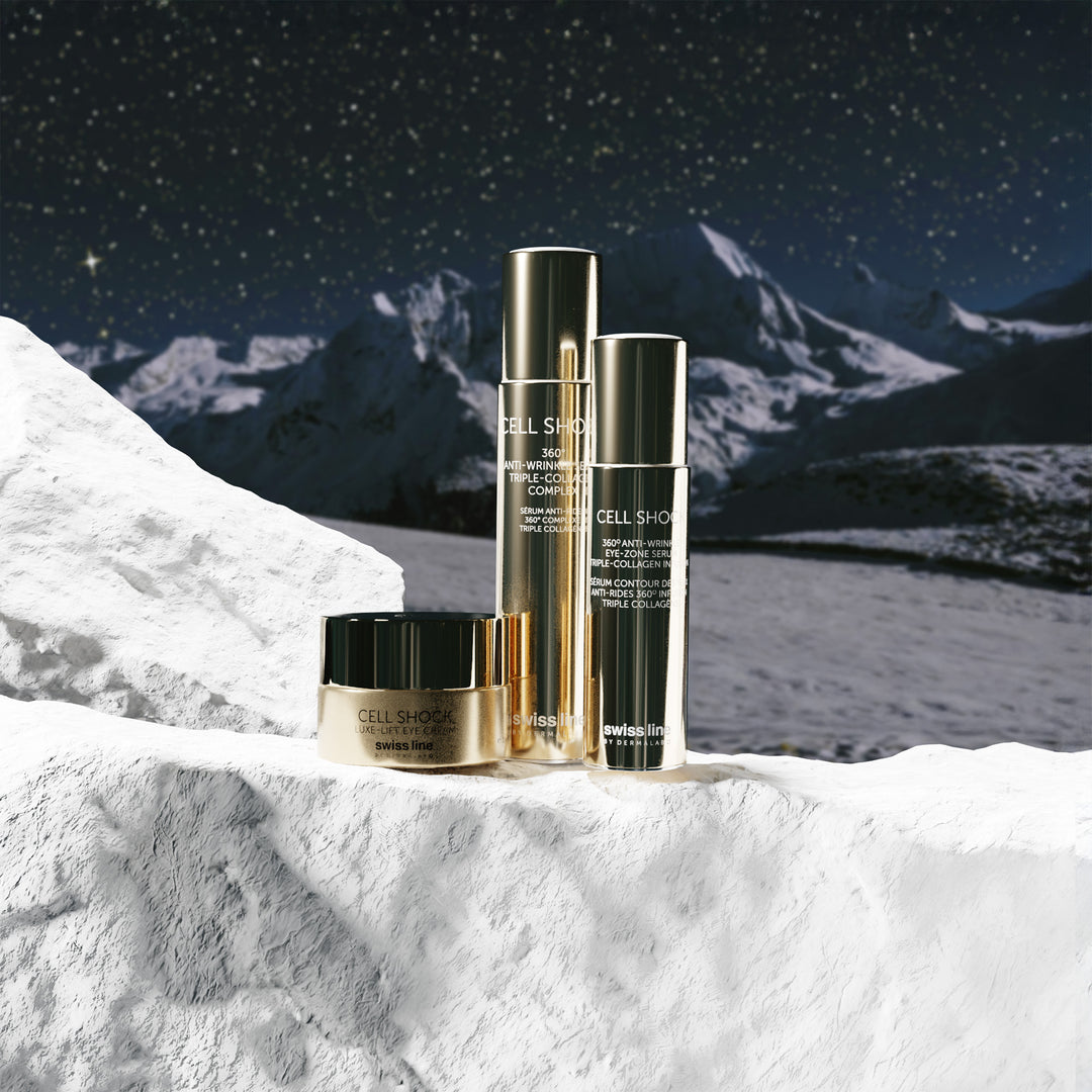 Skincare products with a mountainous landscape in the background