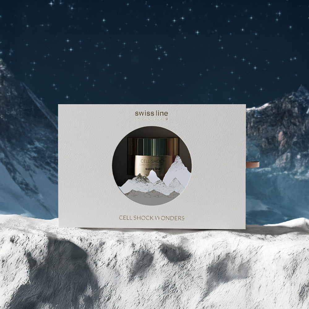 Product packaging with 'swiss line' branding against a mountainous landscape background