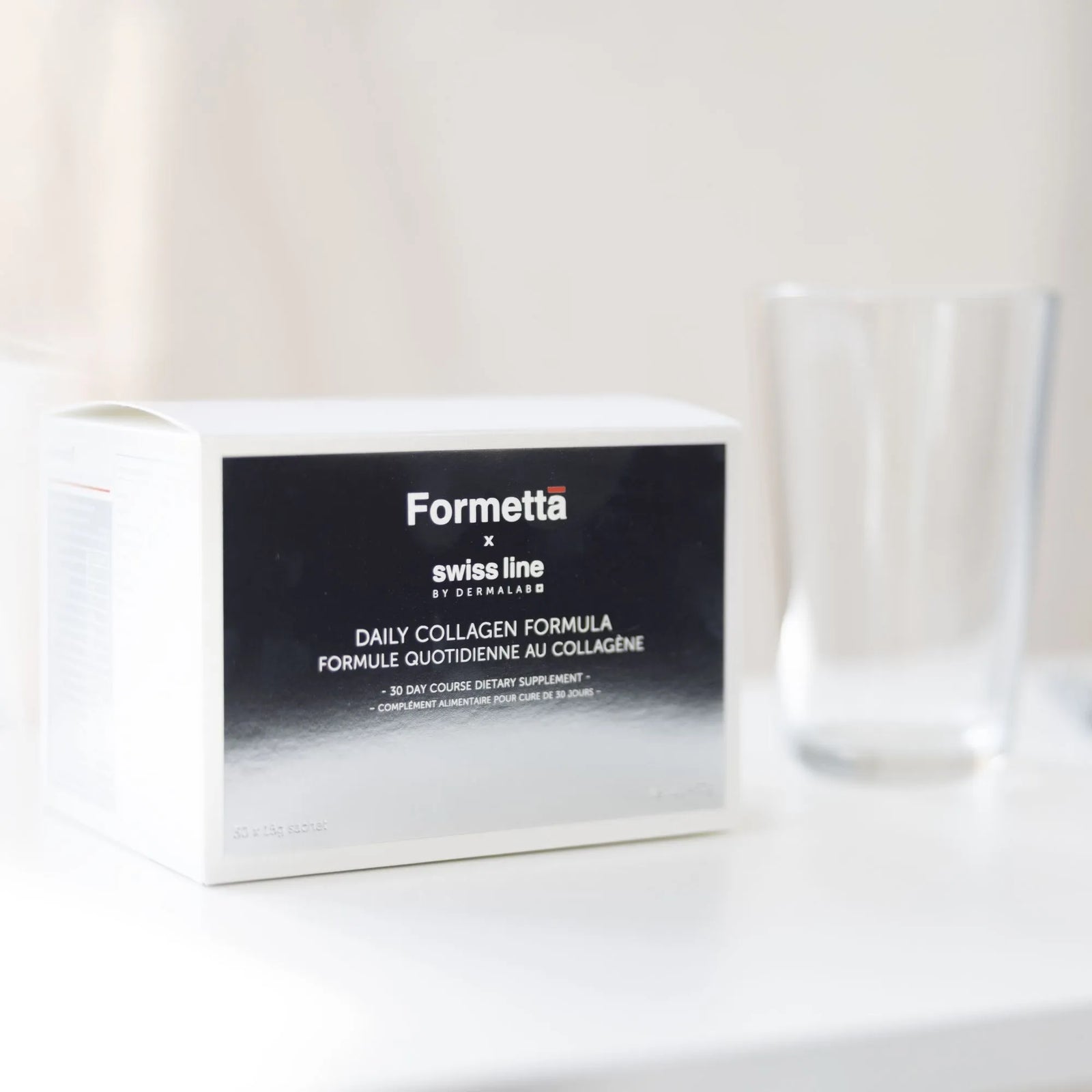 Box of Formetta Swissline daily collagen formula on a white surface