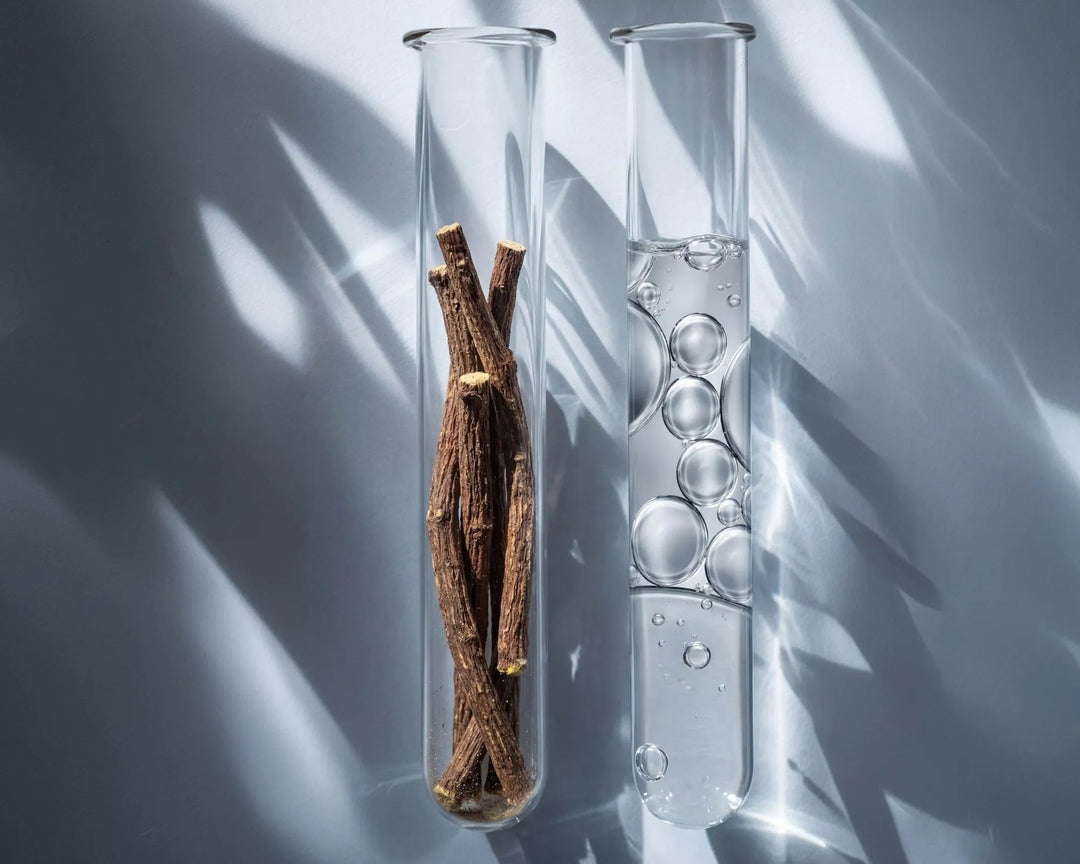 Two clear glass test tubes standing upright against a gray background with dramatic leaf shadows. The left tube contains several brown dried roots or sticks, and the right tube contains clear liquid with visible air bubbles.