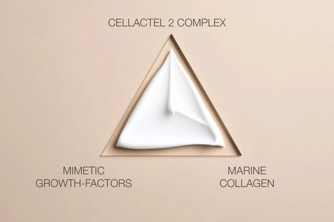 'Cellactel 2 Complex', 'Mimetic Growth-Factors', and 'Marine Collagen' on a beige backgrou